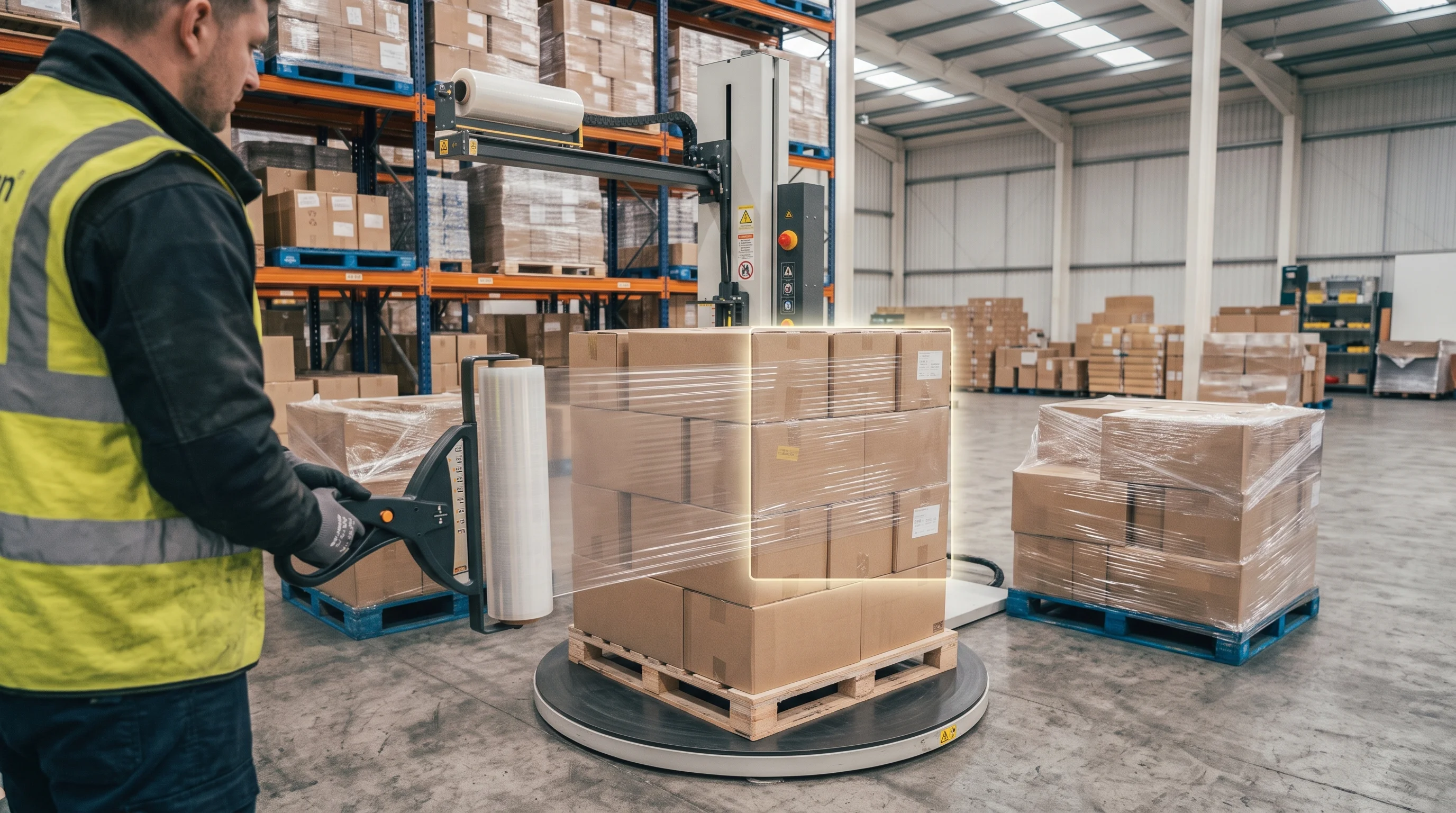 Operator holding stretch film under steady tension while hand wrapping