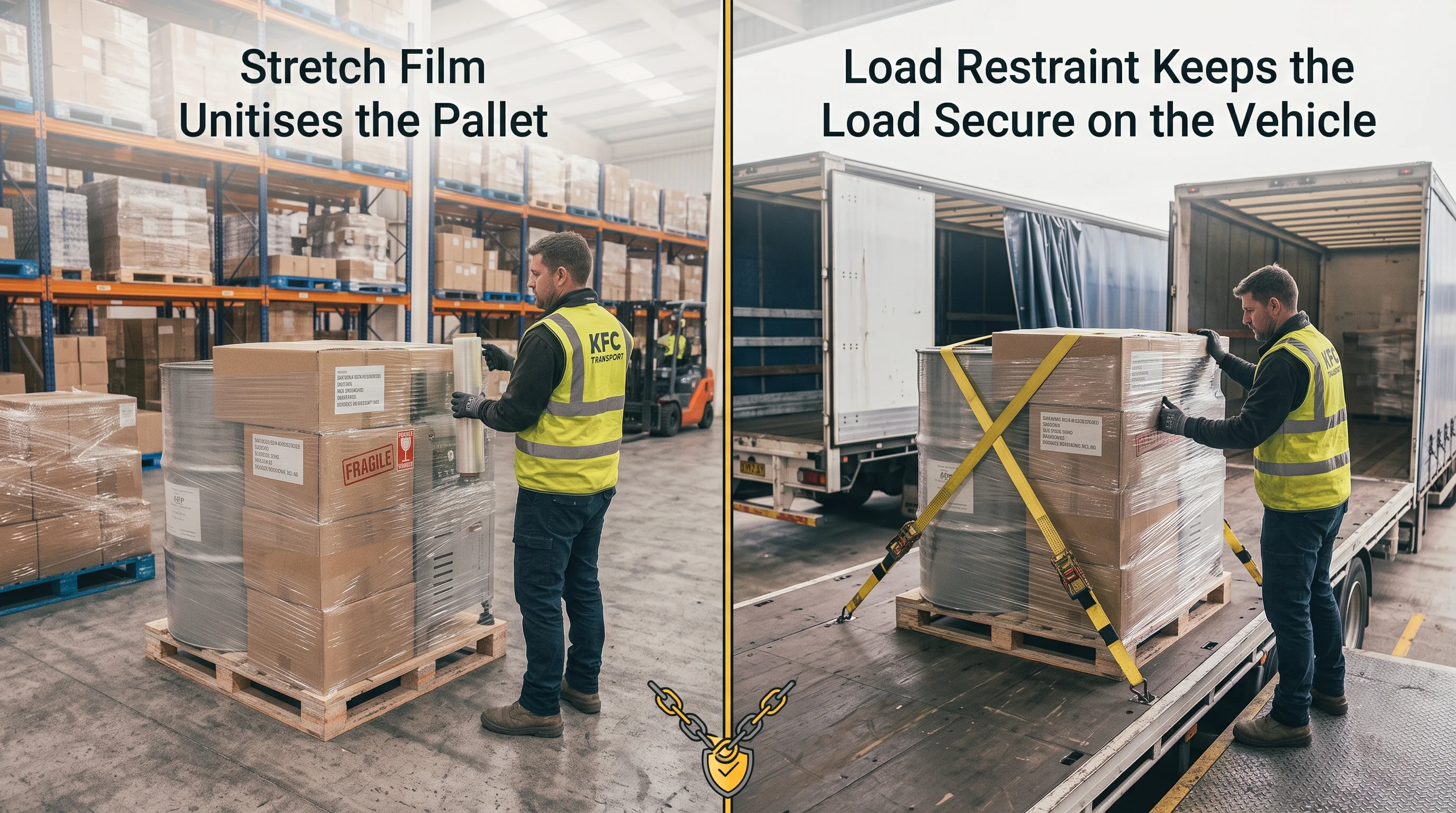 Load secured with stretch wrap for transport